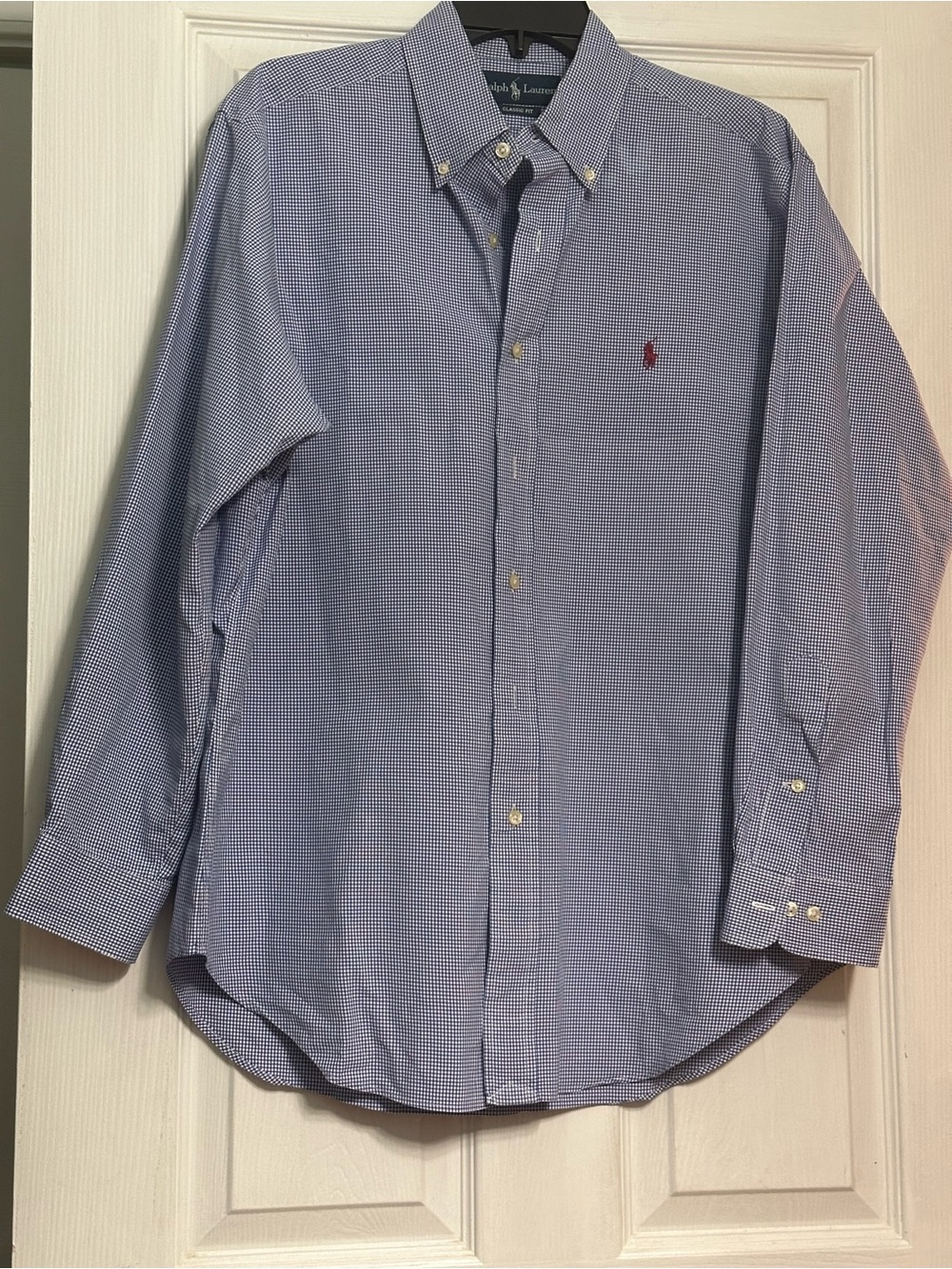 Ralph Lauren Blue Micro-Check Button-Down Shirt with Red Pony